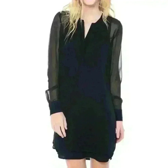 VINCE Double Layer Shirttail Dress Size 4 Black Sheer Lined Cocktail 100% Silk - Picture 1 of 5